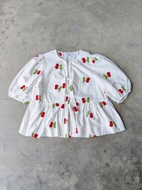 Cloud Ten White Red Cherry Embroidered Balloon Sleeve Tie Front Blouse small